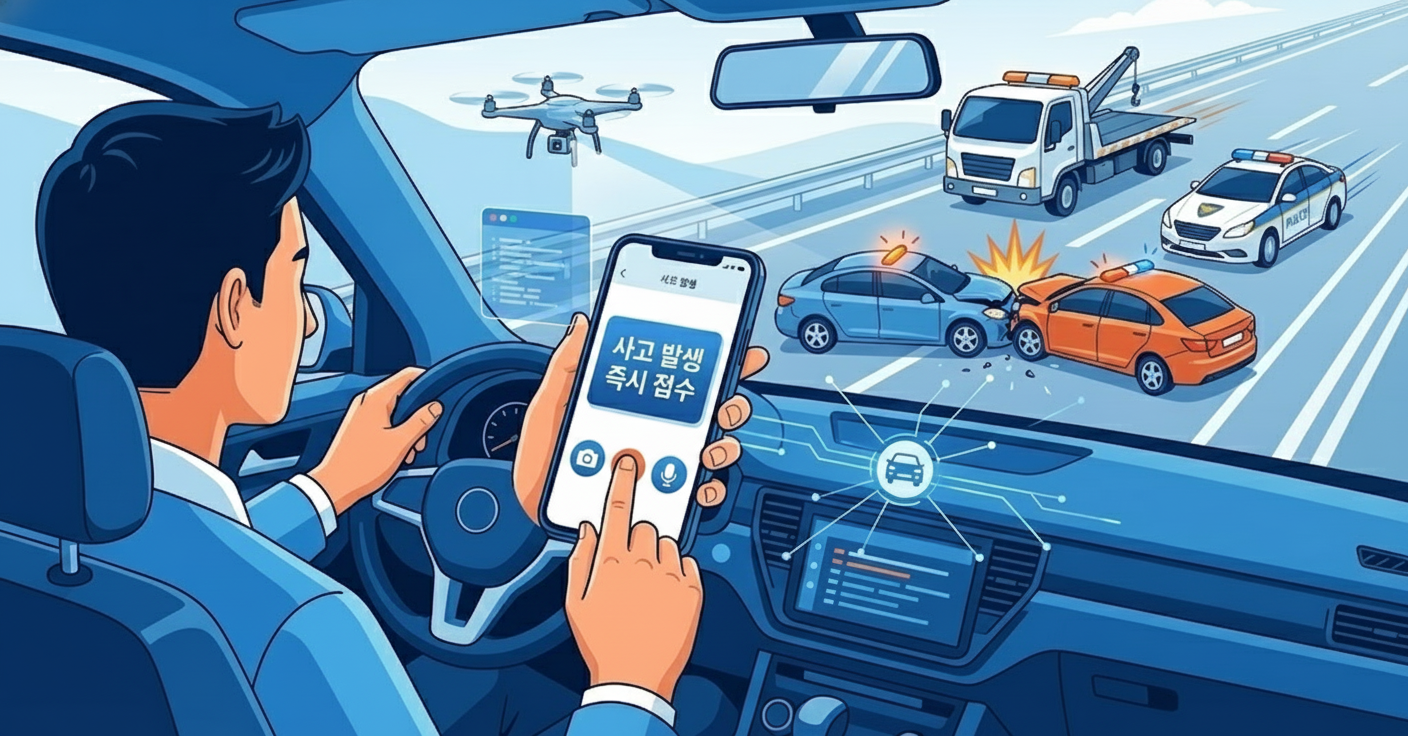 원데이 자동차보험 가입 후 사고 발생 시 앱으로 간편하게 대응하는 모습