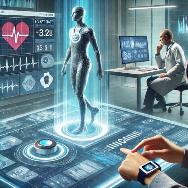 웨어러블 기기로 건강 상태를 확인하는 모습, 원격 진료 상담 장면, 데이터 분석 화면