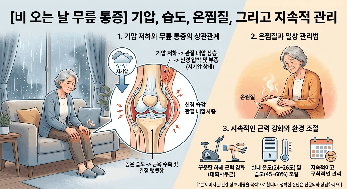 [비 오는 날 무릎 통증] 기압, 습도, 온찜질, 그리고 지속적 관리