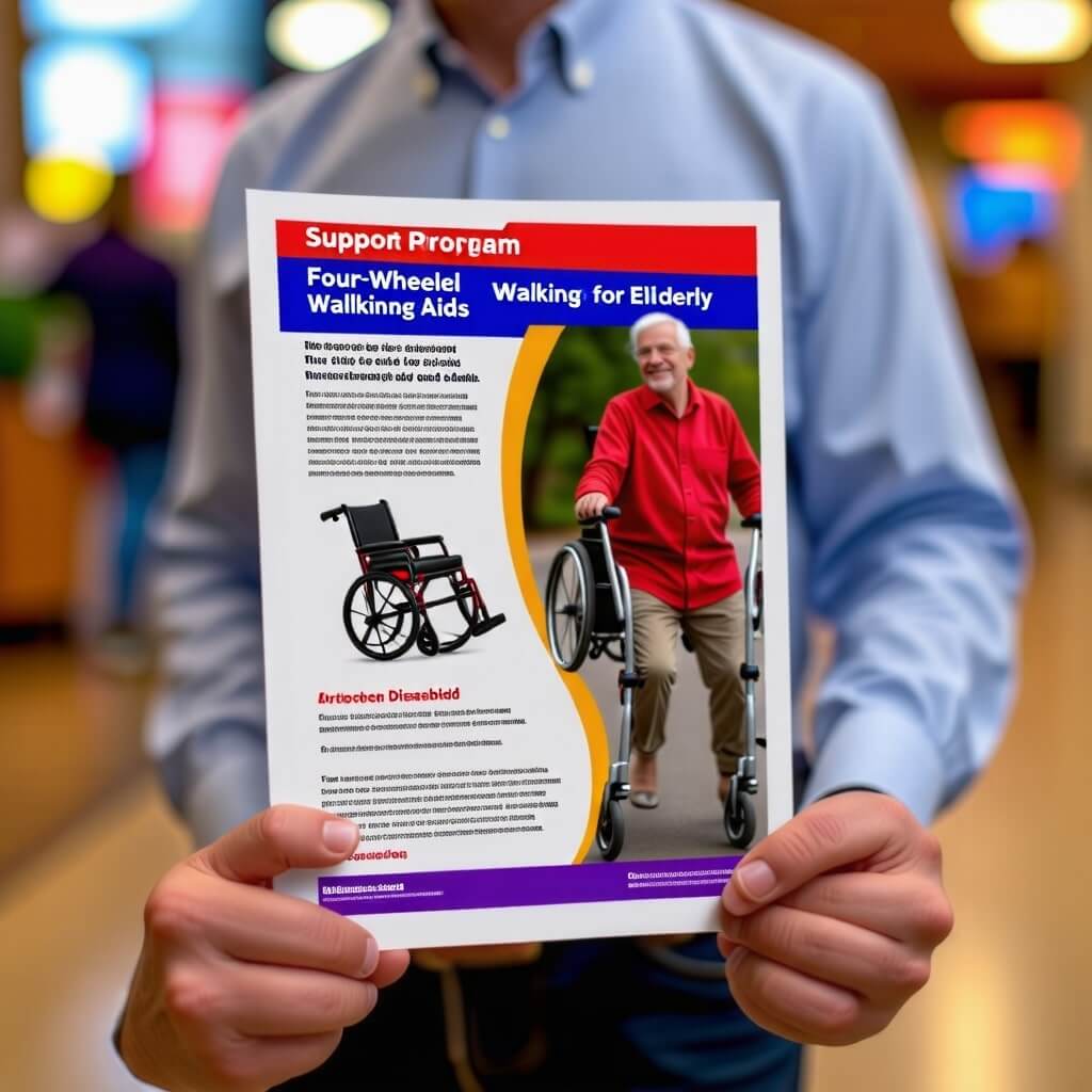 실버카 지원사업 설명서: 실버카 지원사업에 대한 정보가 담긴 브로셔나 포스터를 들고 있는 사람의 이미지. 정보 전달의 중요성을 강조.