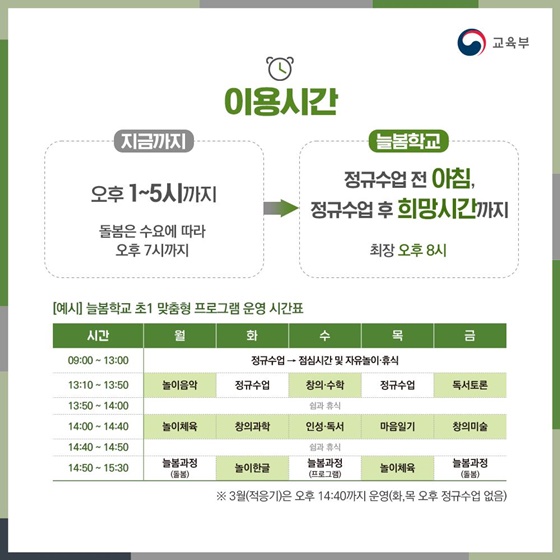 초등 돌봄학교 늘봄 학교로 확대 개편 및 확대 이용시간