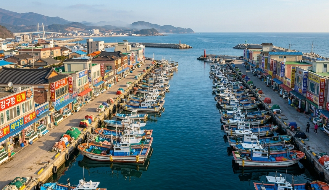 영덕 강구항 대게 거리 양쪽으로 늘어선 식당과 정박한 어선, 동해 항구 풍경