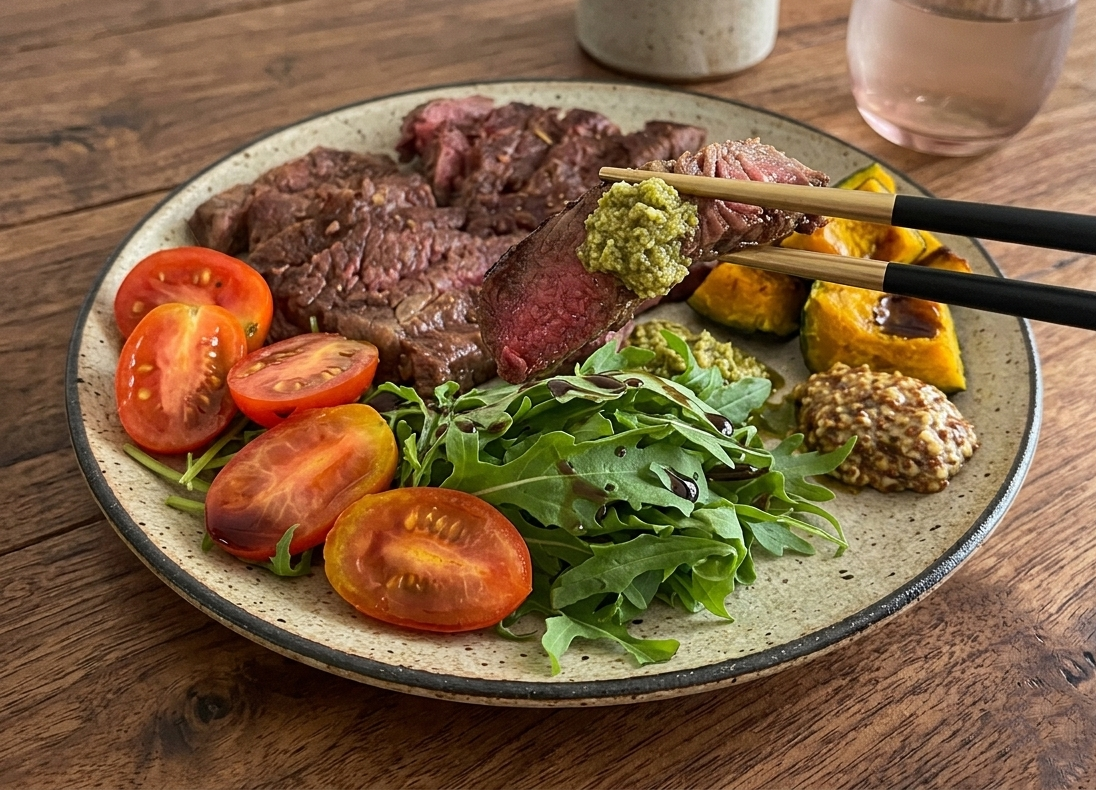 보라카이의 감성 식탁 수비드 한우 채끝 스테이크 와사비 오일 플레이팅 최종 사진