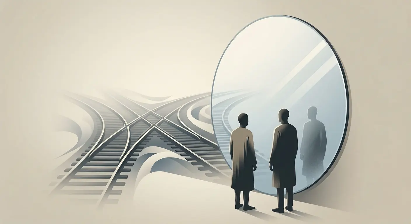 An illustration summarizing the trolley problem as a reflection on human moral judgment