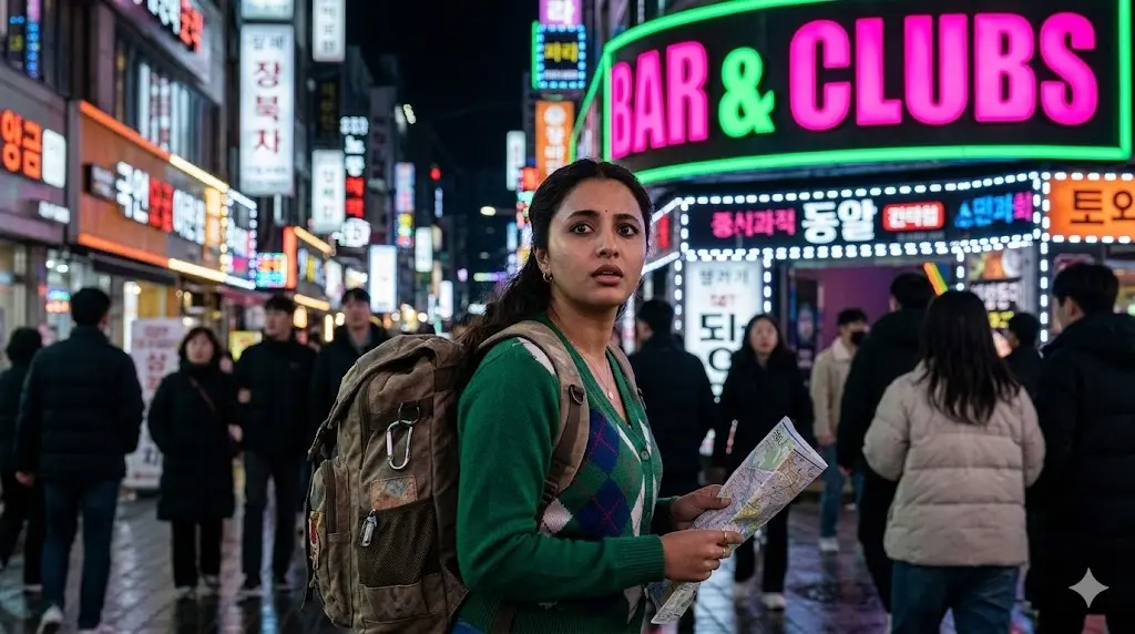 넷플릭스 영화 다시 서울에서 주인공 셴바가 무거운 배낭을 멘 채 화려한 강남역 네온사인 아래에서 길을 잃고 막막한 표정으로 서 있는 국문 묘사