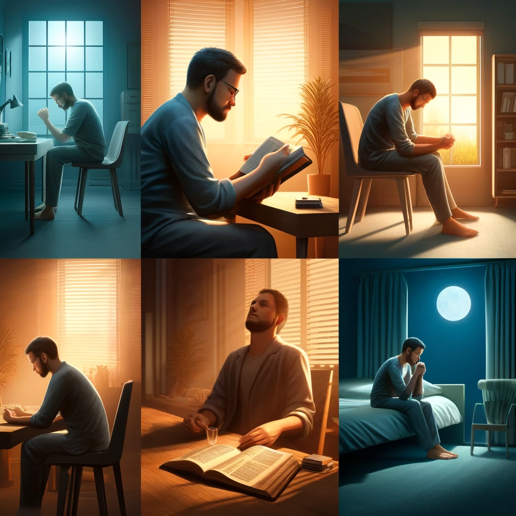 현대인이 하루에 세 번 이상 하나님을 마음에 온전히 두고 있는지를 깊이 묵상하는 모습을 담은 이미지입니다. 아침, 점심, 저녁에 각각 기도하고 묵상하며 하나님을 중심에 두는 시간을 갖는 장면이 그려져 있습니다.