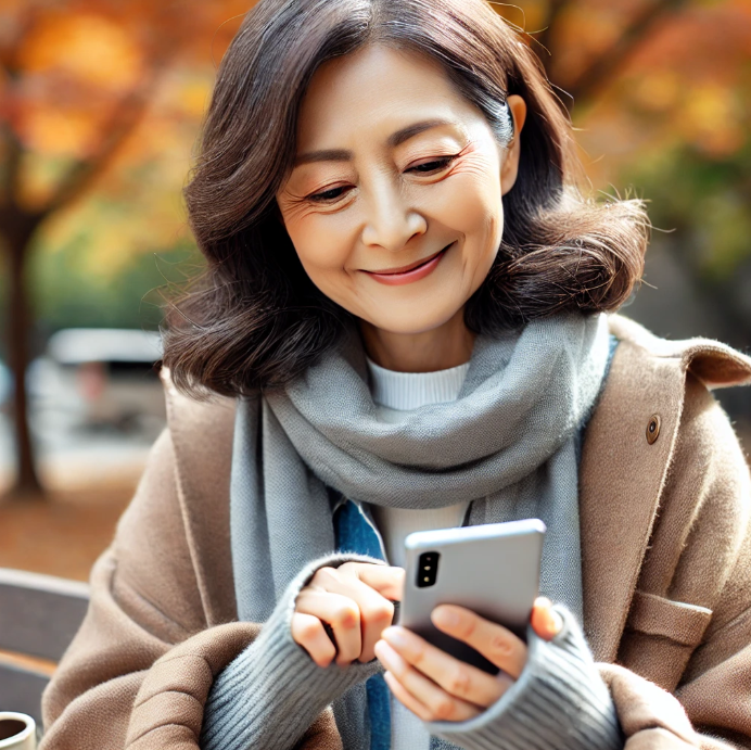 연금 수령 알림을 받고 미소짓는 60대 여성