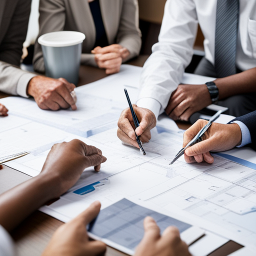 설계도를 보며 회의하는 사람들.
도시 개발 계획 및 인프라 확충 계획을 논의하는 회의장면