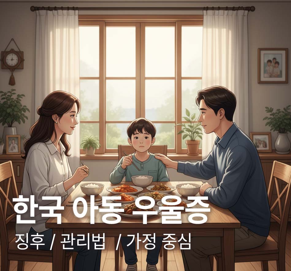 아동우울증 아이와 아빠 엄마가 식사를 함께 하고 있다