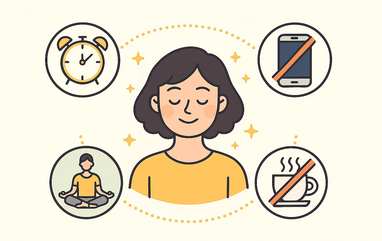 좋은 수면 습관, 규칙적인 기상 시간&middot;전자기기 멀리하기&middot;명상과 스트레칭&middot;커피 제한