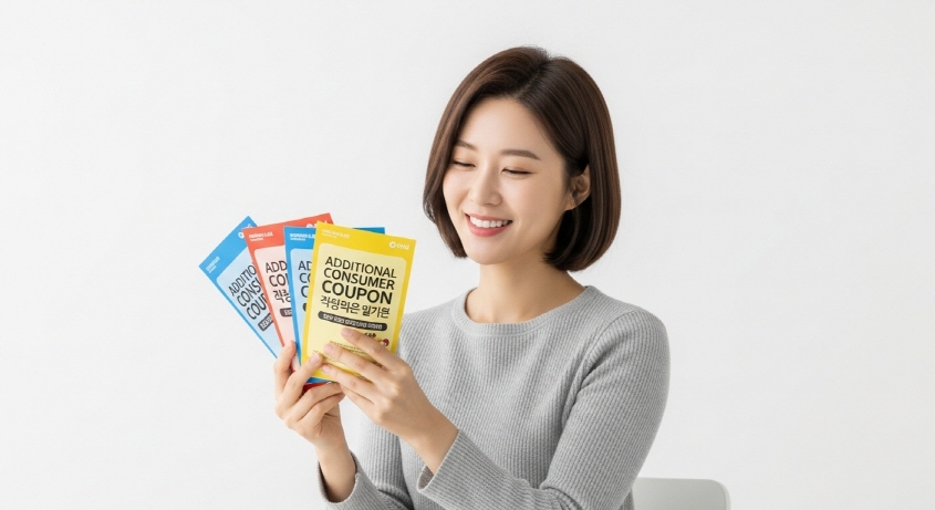 쿠폰을 들고 즐거워하는 여성