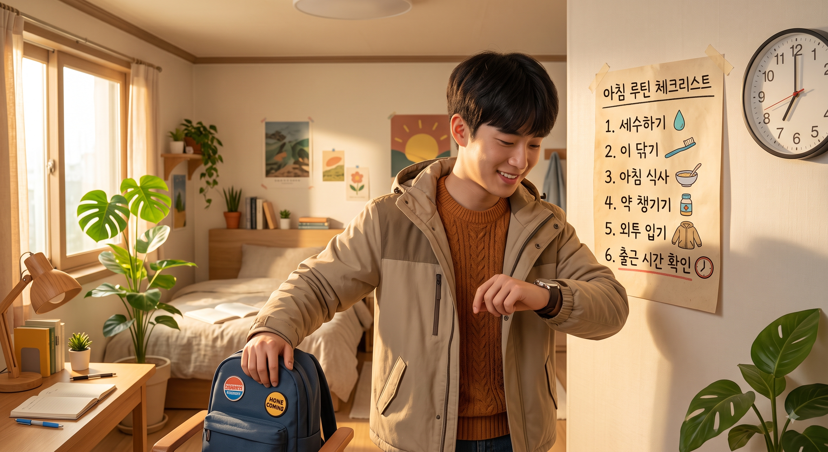 생활습관 형성을 위해 시계를 보고 있는 모습