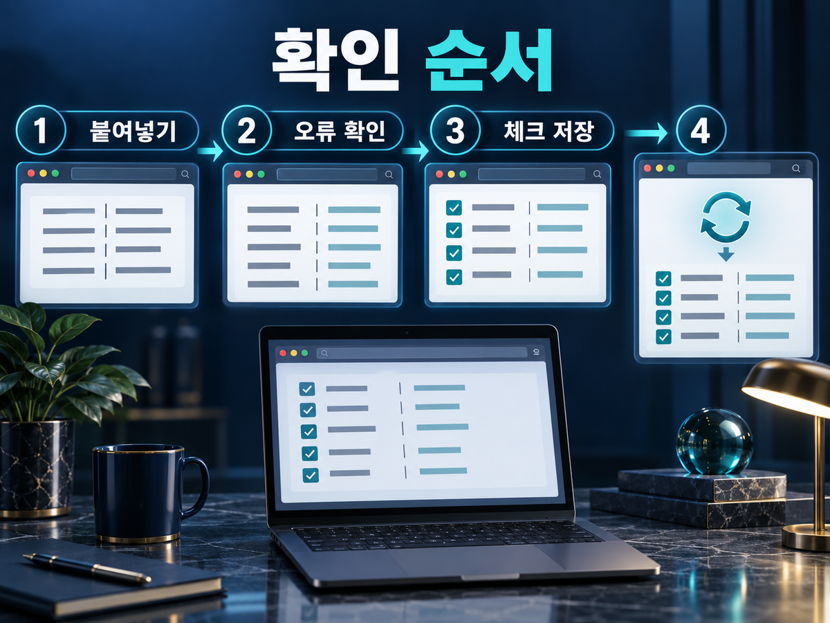반복 업무 목록을 붙여넣고 오류를 확인한 뒤 체크 상태를 저장하는 네 단계 사용 순서