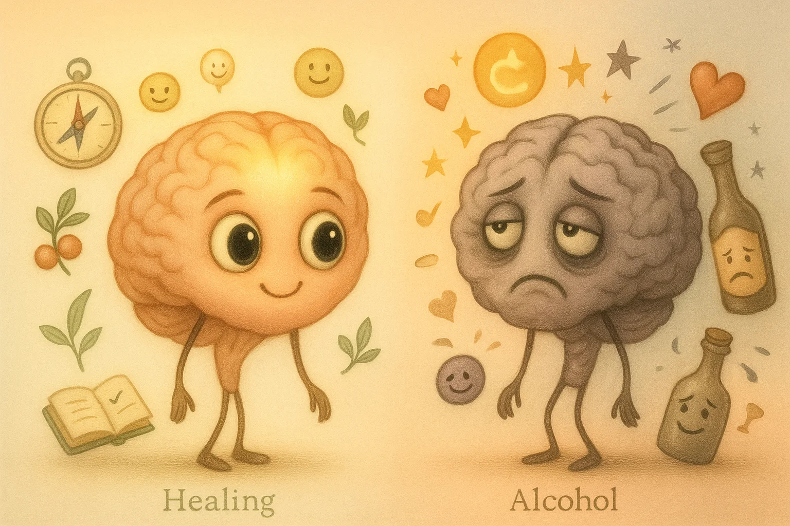 팀 버튼 스타일로 표현된 알코올 손상 후 뇌 회복과 신경가소성 변화 3단계 시각화 – 감정 표현과 주변 상징물만으로 회복의 과정을 설명하는 일러스트