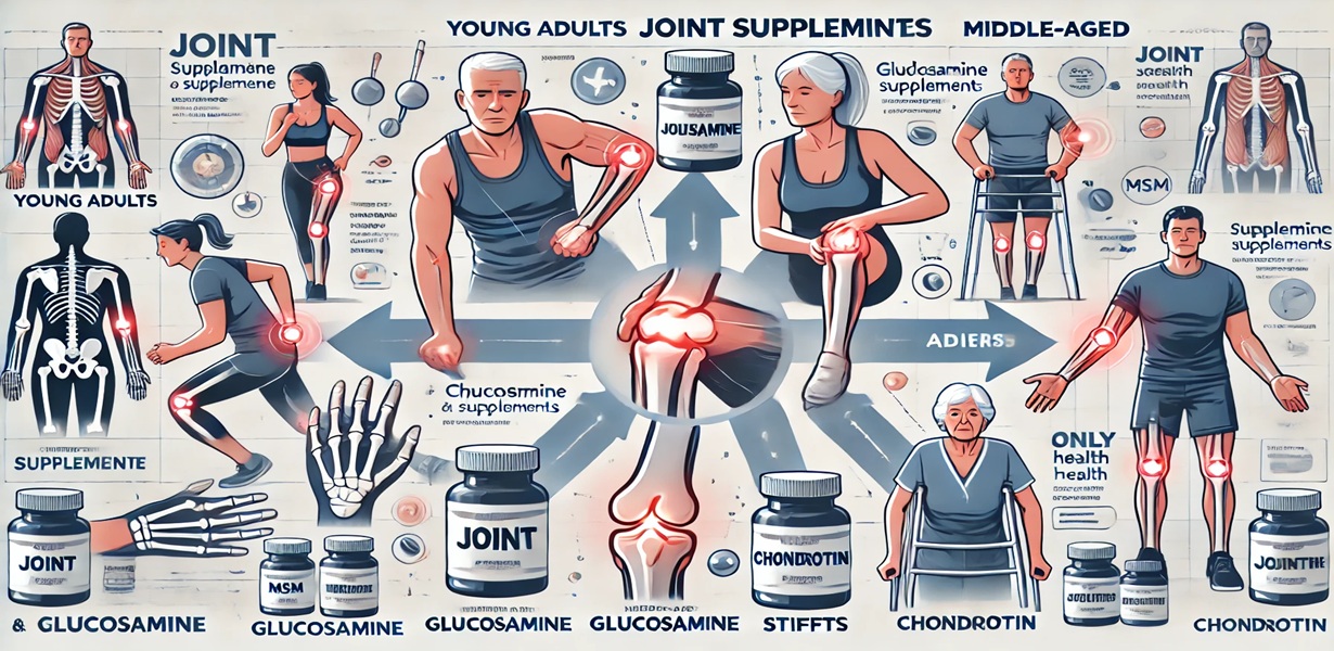관절 건강 보충제를 연령대와 증상에 맞춰 조합한 인포그래픽 – MSM, 글루코사민, 콘드로이틴 포함