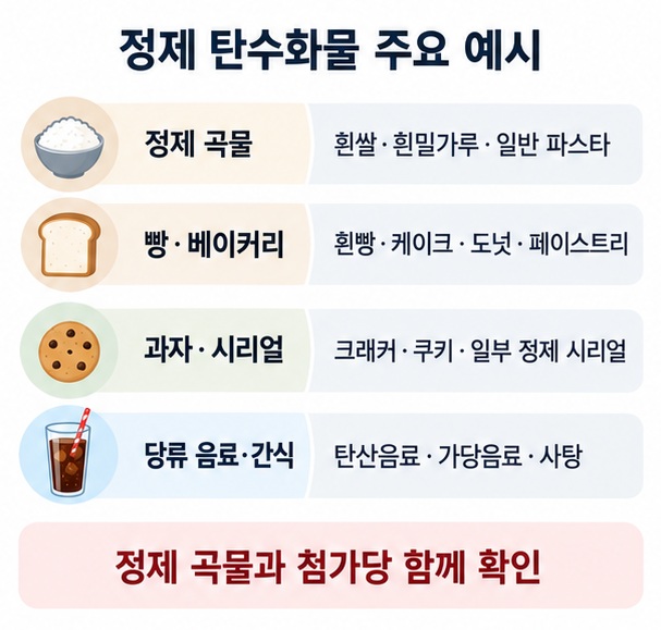 흰쌀 흰밀가루 일반 파스타 흰빵 케이크 과자 시리얼 가당음료 등 대표적인 정제 탄수화물 종류를 분류한 이미지