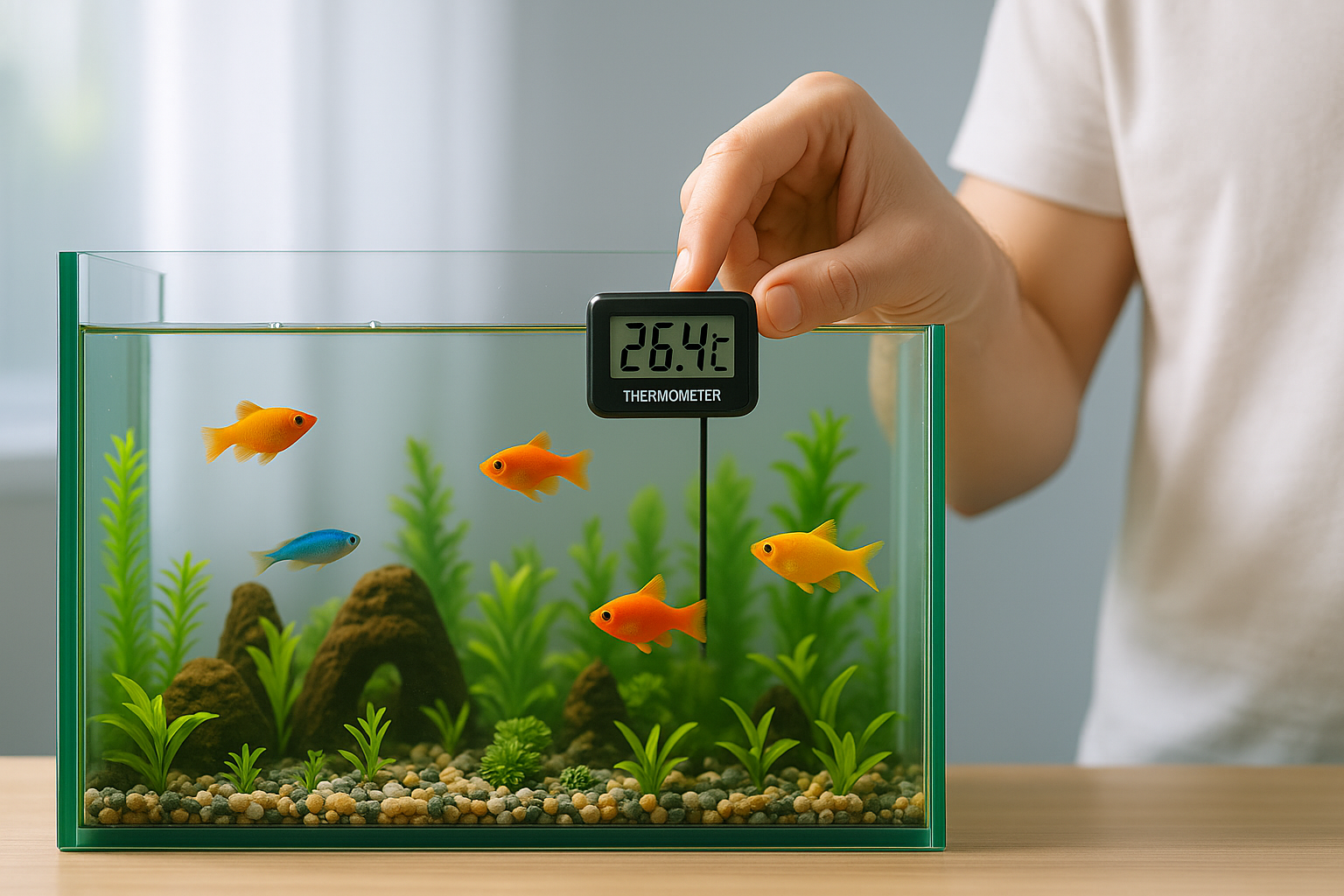 맑은 열대어 수조 속 벽면에 디지털 수온계가 부착되어 있고, 여러 마리의 열대어와 싱그러운 수초가 함께 어우러져 있어 수온을 손쉽게 확인할 수 있는 쾌적한 수조 환경을 보여준다.