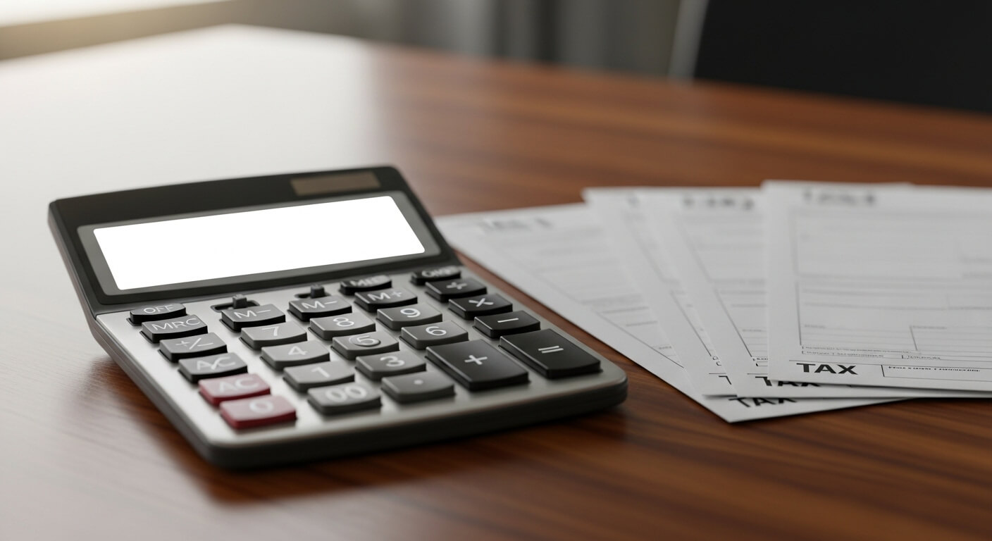 세금 신고서와 계산기가 놓인 책상