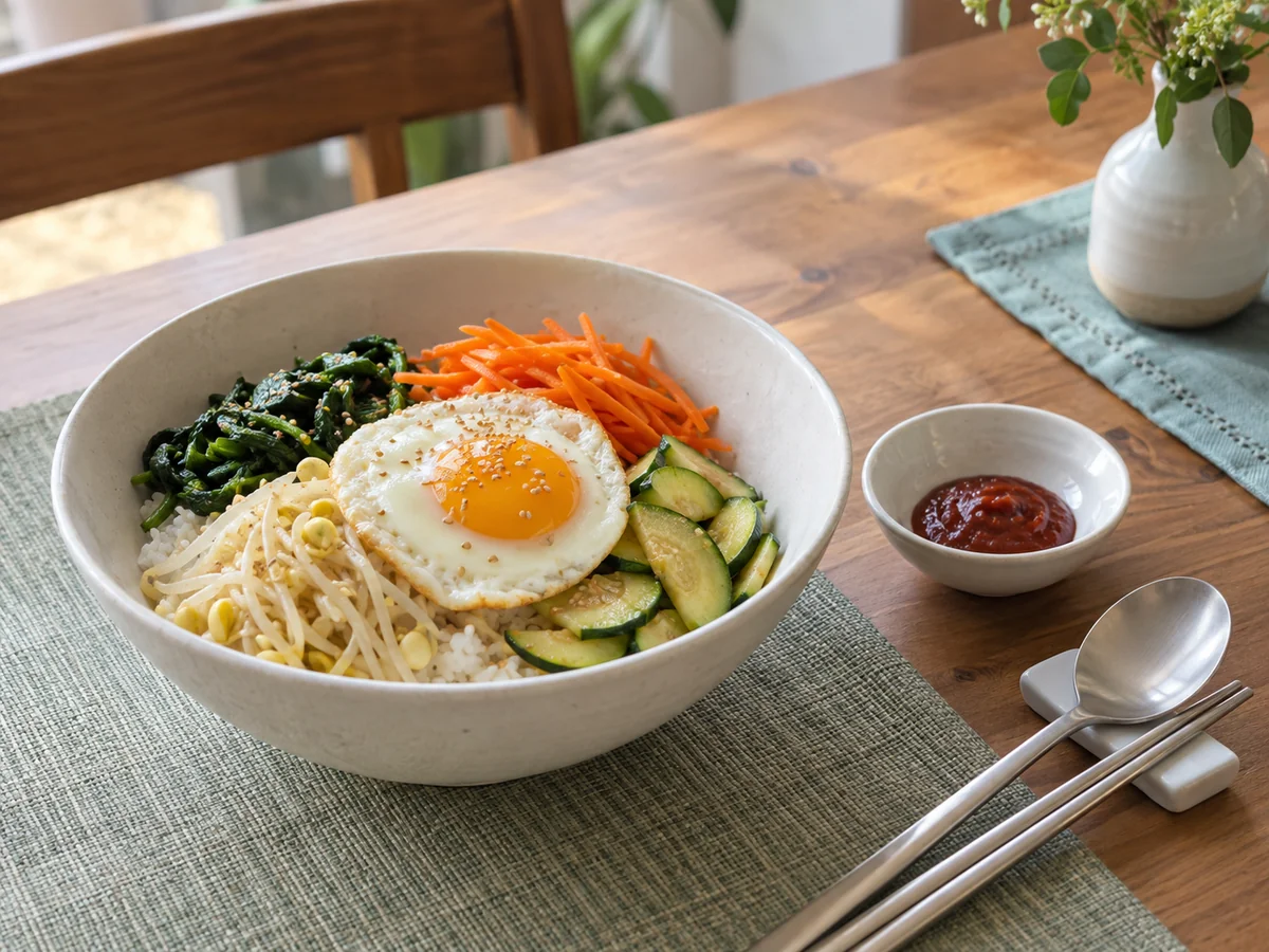 채소와 달걀을 올린 비빔밥 옆에 양념장을 따로 준비한 식사