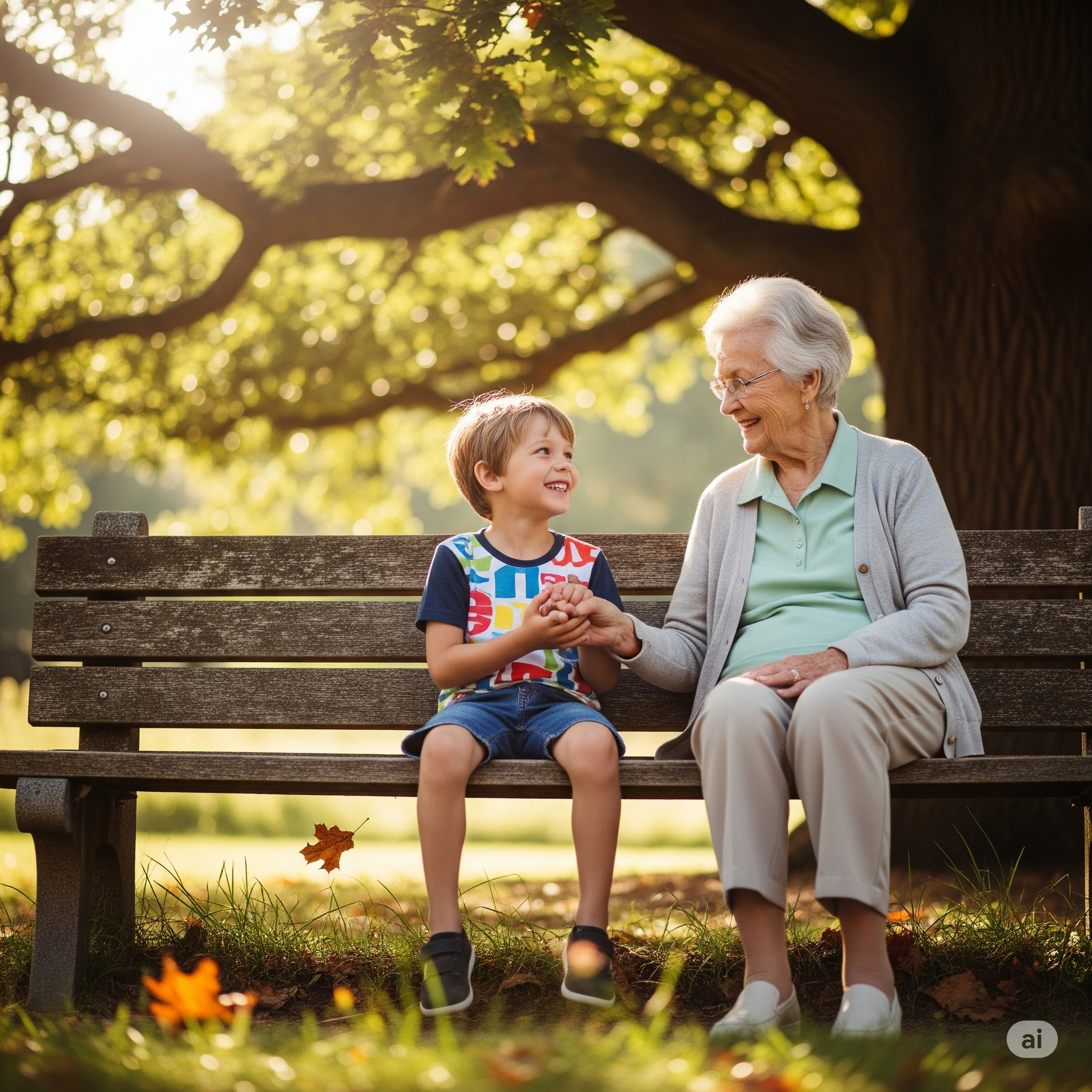 밝은 햇살 아래 공원 벤치에 앉아 손을 잡고 있는 손주와 할아버지/할머니의 다정한 모습