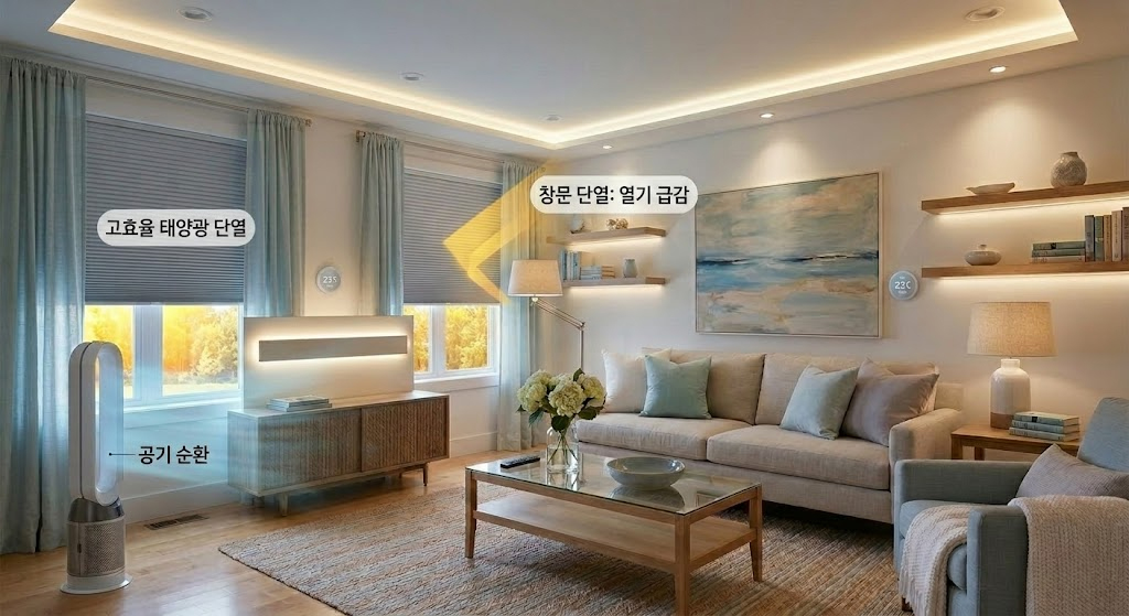 거실 큰 창문에 가벼운 커튼을 쳐서 강한 직사광선을 차단하고 은은한 빛만 투과시켜 실내 온도 상승을 막은 쾌적한 거실 전경입니다.