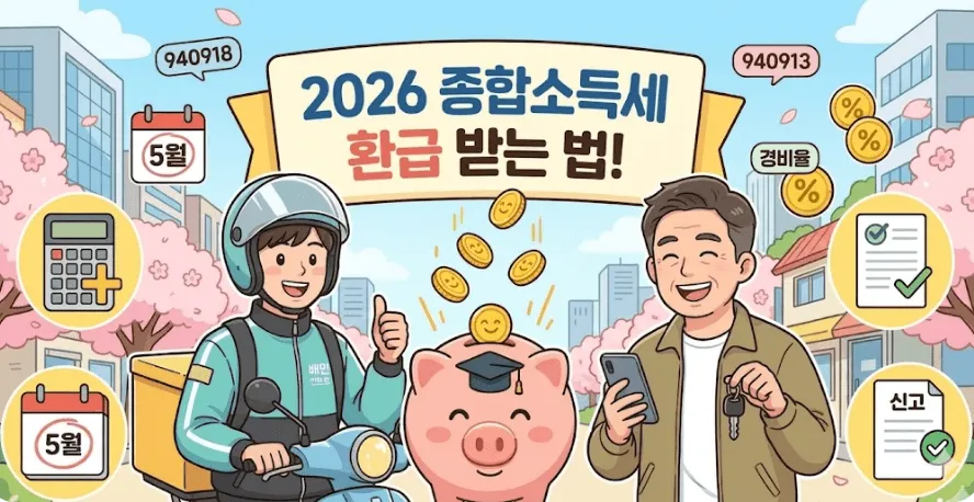 2026 배달라이더 대리기사 종합소득세 환급 받는 법 대표 이미지. 오토바이를 탄 배달라이더(업종코드 940918)와 스마트폰과 차 키를 든 대리기사(업종코드 940913)가 돼지저금통에 환급금 동전이 쌓이는 모습을 보며 웃고 있다. 5월 종합소득세 신고 캘린더와 계산기 그리고 경비율 신고서 아이콘이 함께 배치되어 있으며 배달라이더와 대리기사의 업종코드별 경비율 적용과 홈택스 종소세 신고를 통한 3.3% 환급 과정을 시각적으로 설명하는 블로그 대표 이미지