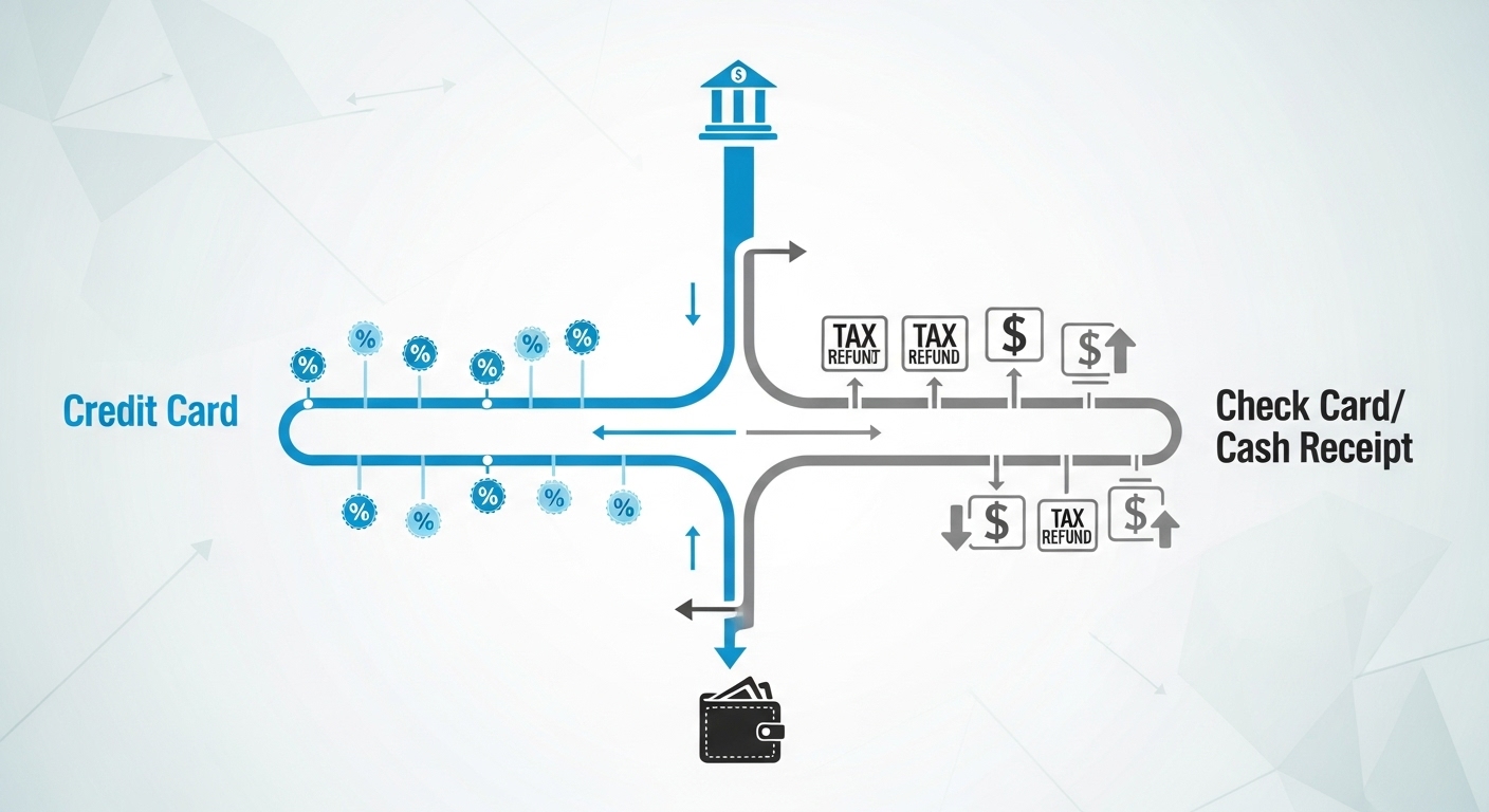 신용카드와 체크카드 사용 비율에 따른 소득공제 혜택을 시각적으로 보여주는 인포그래픽