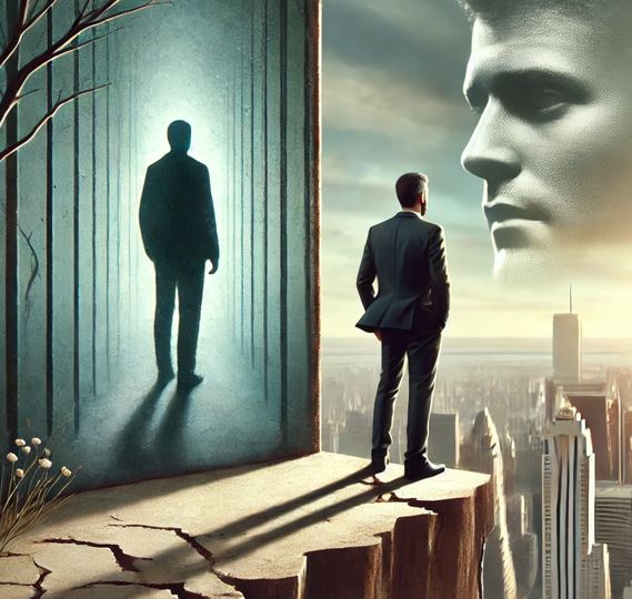 벼랑 끝에선 주인공의 모습으로 소설 추락의 주제를 표현한 이미지 이다.