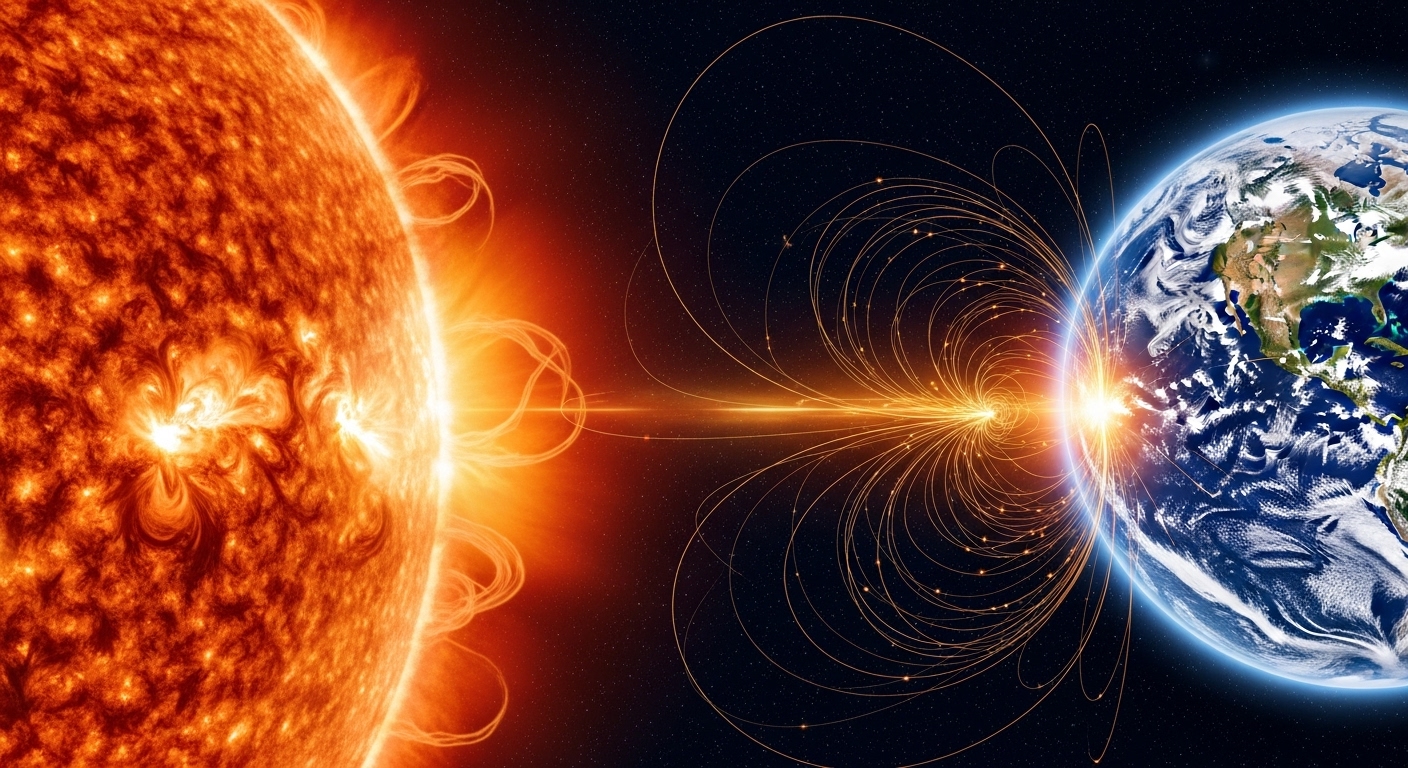 A dramatic and visually striking image of a massive solar flare erupting from the sun, with streams of plasma heading towards planet Earth.