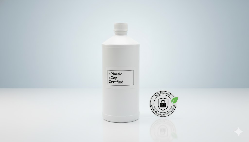 sCap 어린이보호포장 KCL 인증 마크가 선명하게 보이는 s1000 HDPE 용기. 삼양플라스틱 안전캡