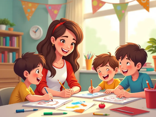 어린이집-선생님-아이들-3명-미술수업