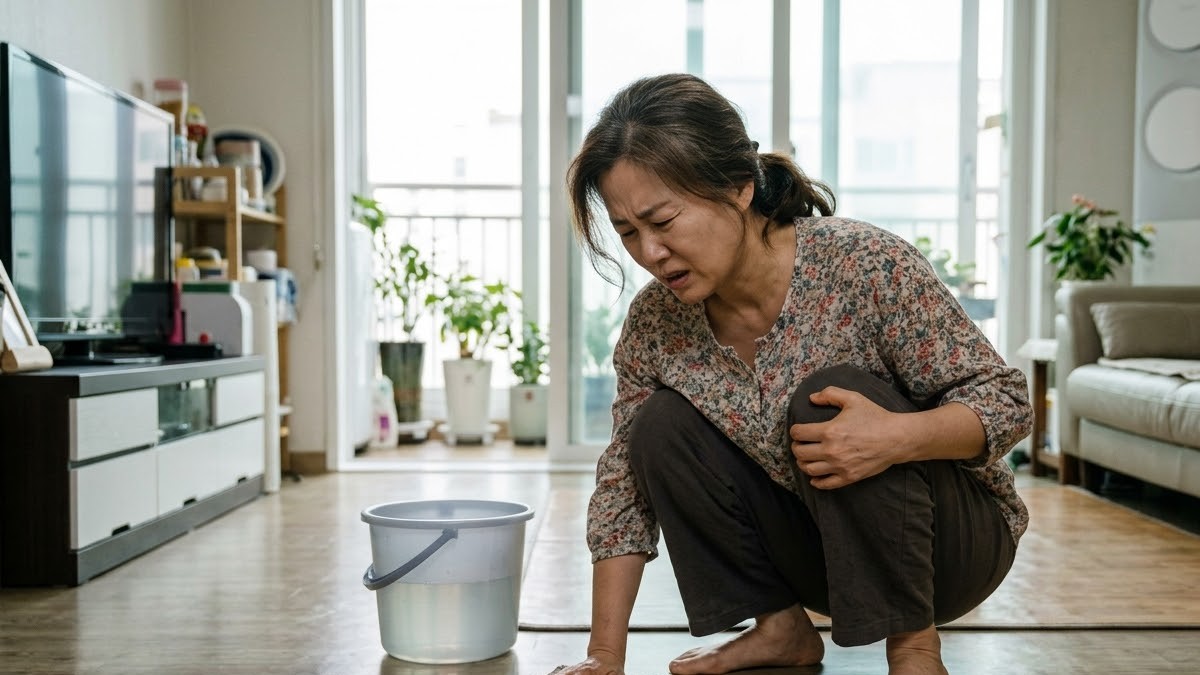 쪼그려 앉아 걸레질하다 무릎을 잡는 여성
