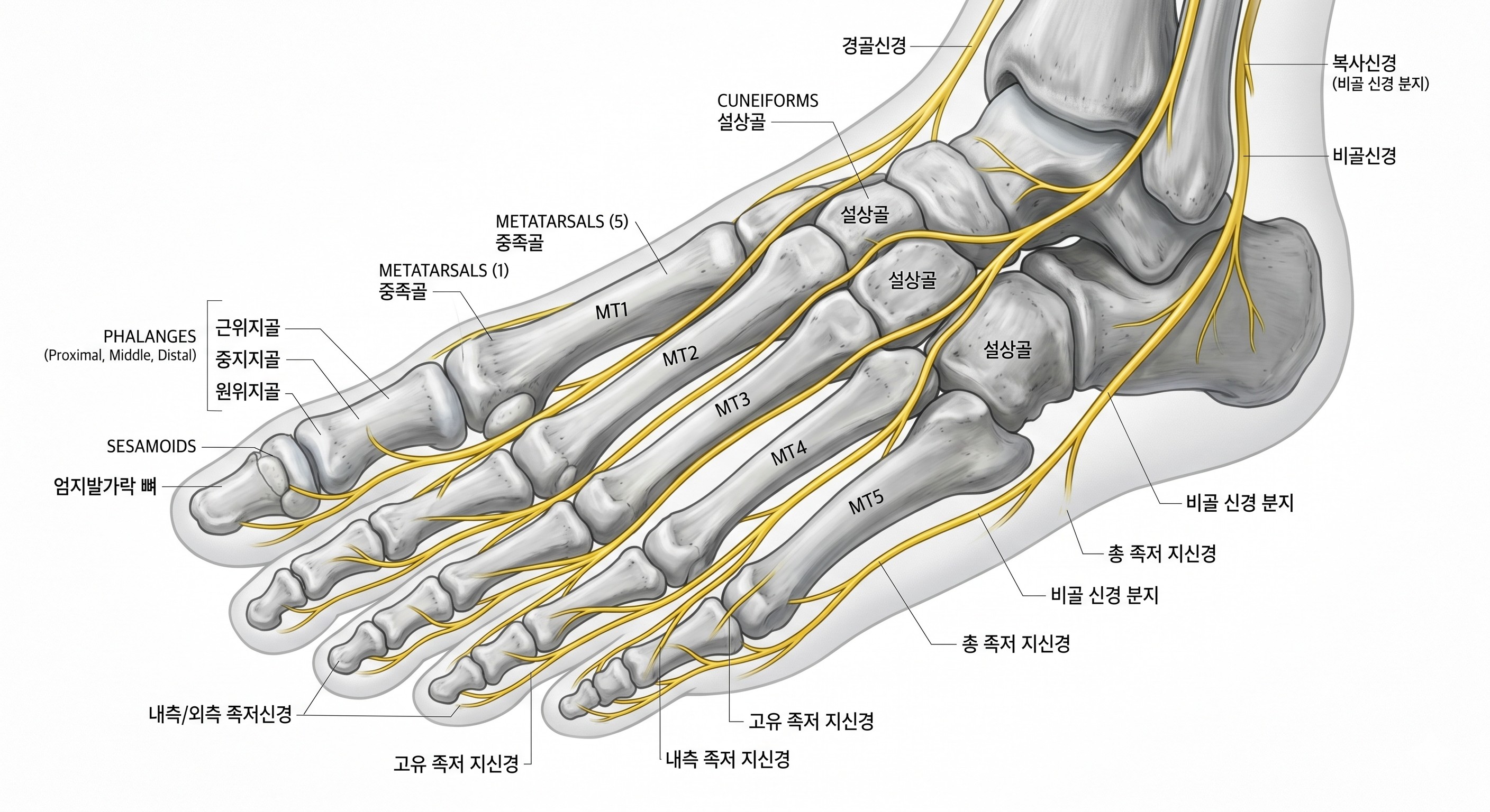 발가락뼈와 뼈사이에 지나가는 신경을 표현한 이미지
이미지출처: Gemini AI 생성