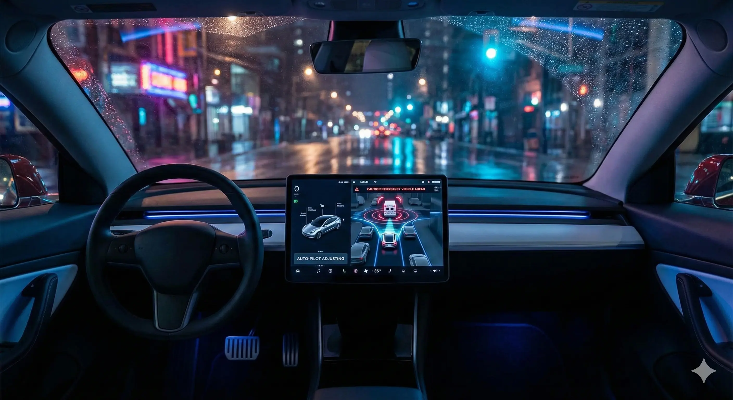 테슬라 FSD v14.2 업데이트의 긴급차량 감지 기능을 묘사한 가상 이미지