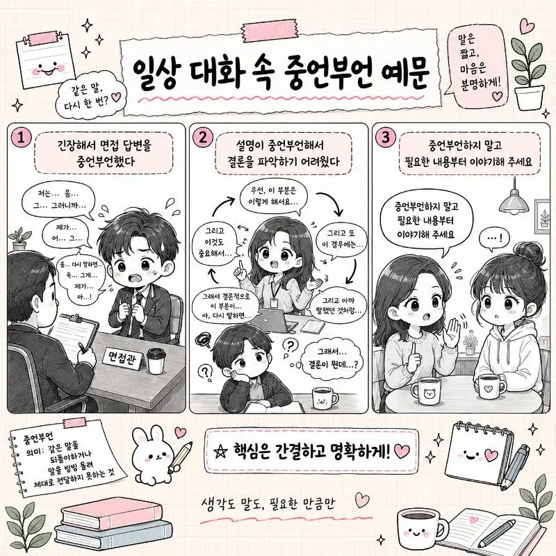 중언부언의 뜻과 일상 대화 속 예문을 면접, 반복되는 설명, 간결한 말하기 상황으로 표현한 일러스트