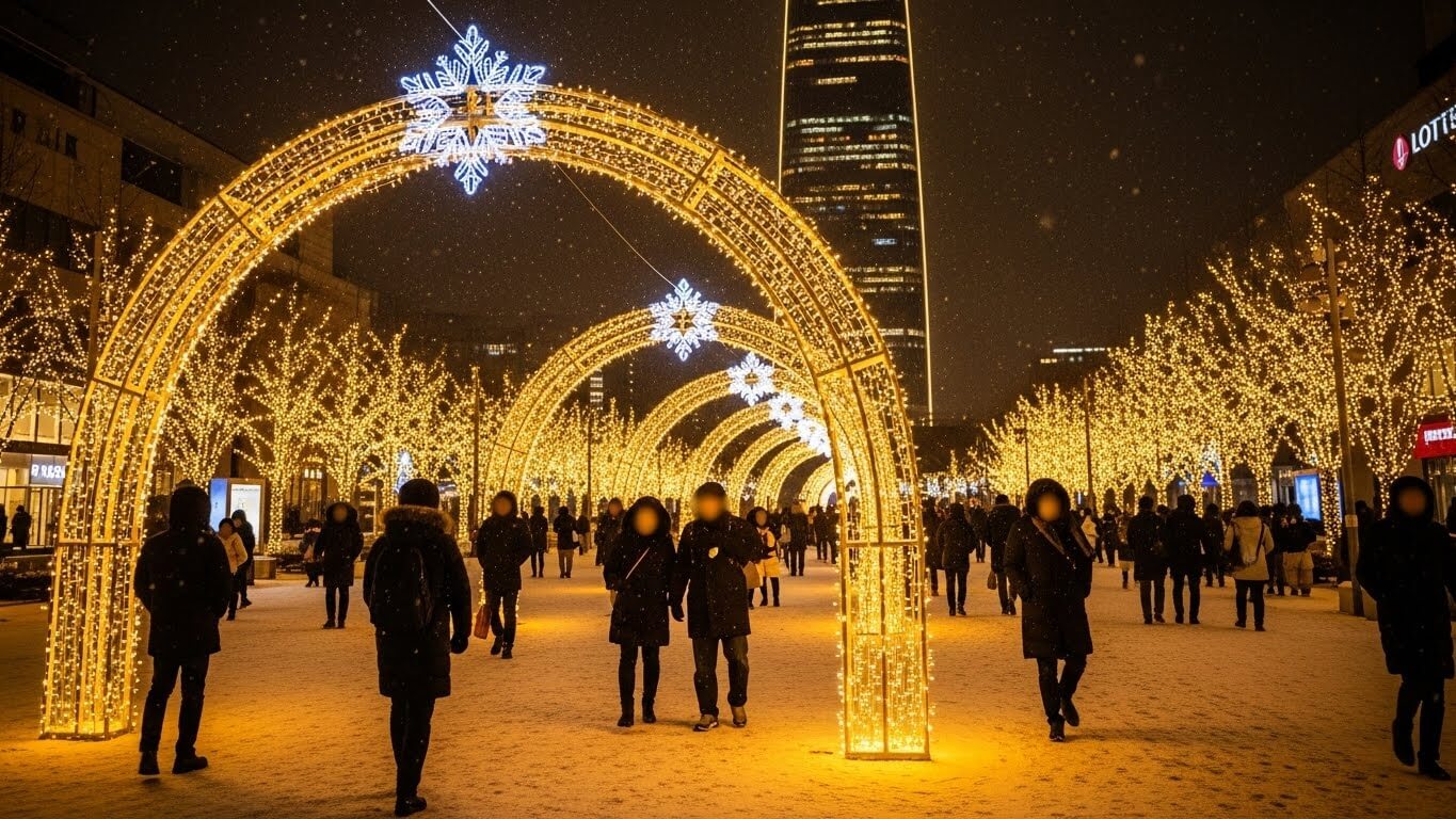 잠실 롯데월드타워 앞 광장에서 황금빛 크리스마스 조명 아치 아래를 걷는 사람들. 눈 내리는 겨울밤의 축제 분위기.