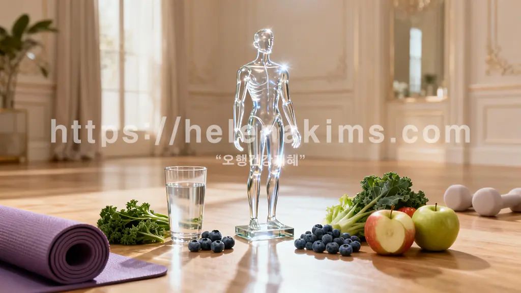 신선한 물이 가득 담긴 투명한 유리잔, 블루베리, 시금치, 사과 등 신장 건강에 좋은 대표적인 신선한 과일과 채소 몇 가지가 정갈하게 놓여 있습니다. 또한, 옆으로는 요가 매트의 일부분과 가벼운 아령 한 두 개가 함께 배치되어 규칙적인 운동의 중요성을 상징적으로 보여줍니다.