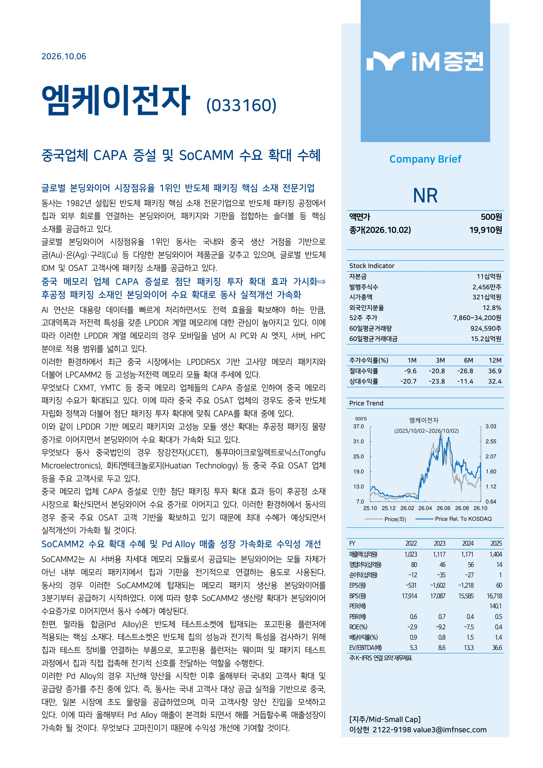 중국업체 CAPA 증설 및 SoCAMM 수요 확대 수혜_iM증권 1페이지