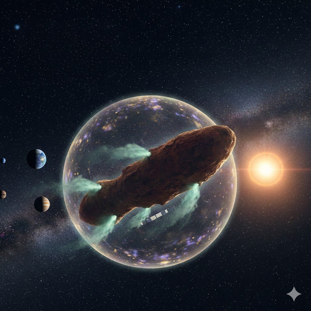 태태양계로 진입하는 미스테리한 성간천체 3I/ATLAS의 상상도와 지구 및 태양의 모습