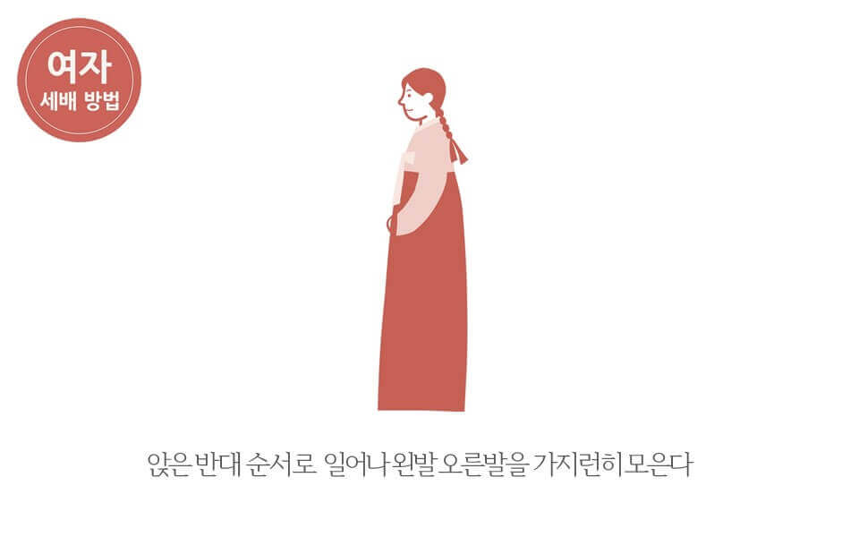 여자 세배 방법 앉은 반대 순서로 일어나 왼발 오른발을 가지런히 모은다.