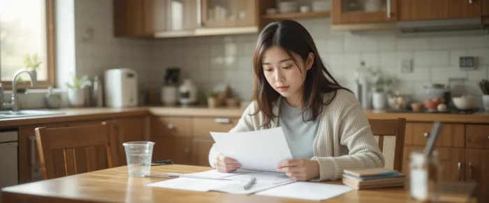 아침 햇살 아래 식탁에서 건강검진 서류를 챙기는 엄마