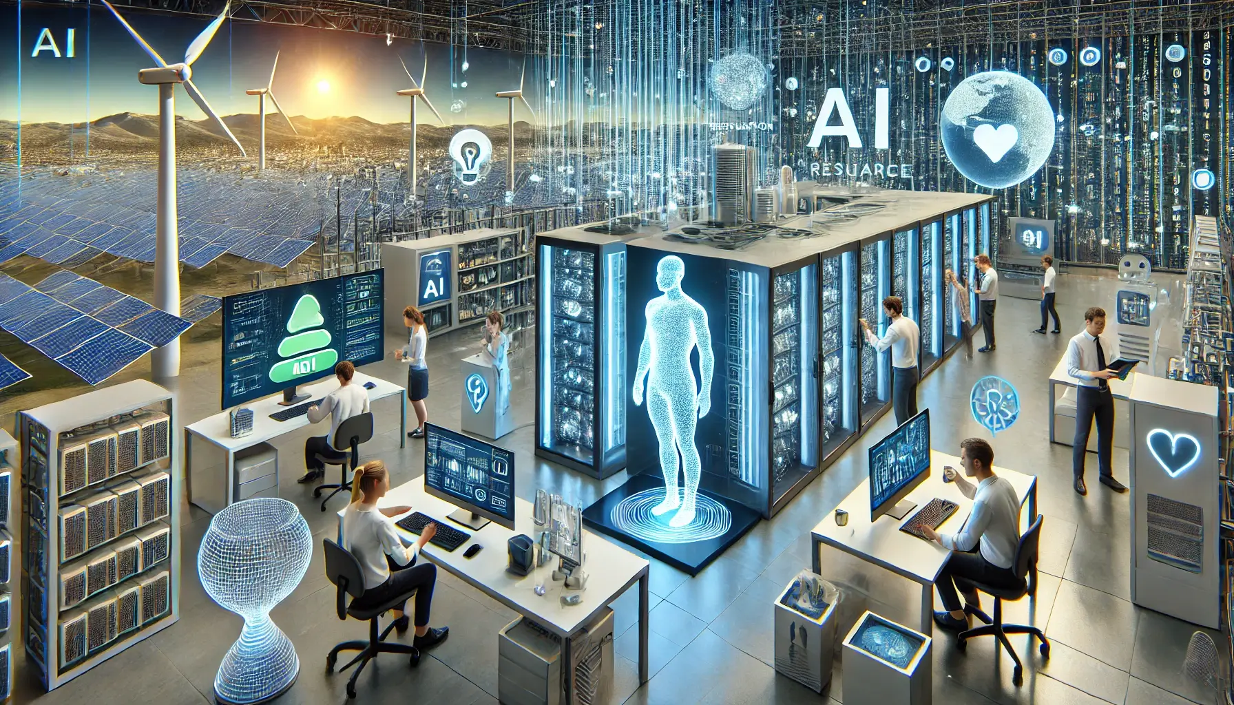 에너지 효율성과 인간 중심 개발에 초점을 맞춘 AI 연구를 묘사한 초현실적인 이미지는 현대 첨단 기술 환경에서 AI 모델의 최적화, 사용자 친화적인 인터페이스, 재생 에너지원의 사용을 보여줍니다.