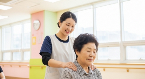 노인들을 안마해주는 활동보조사&amp;#44; 환한 표정