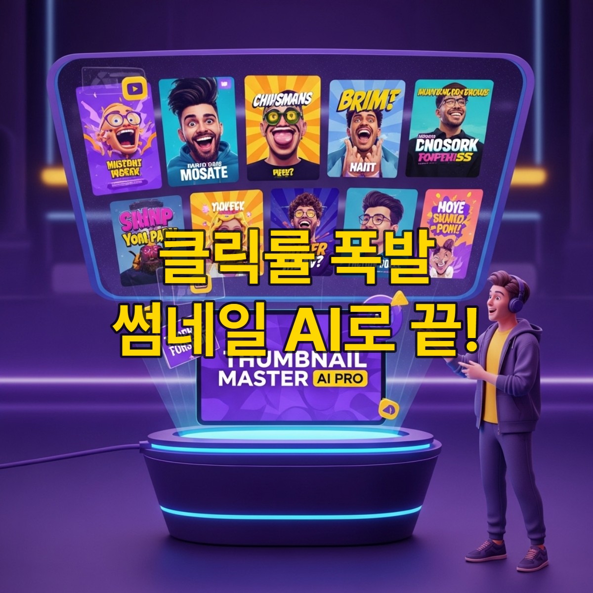 썸네일 마스터 AI Pro 로고가 있는 미래형 AI 콘솔과 유튜브 떡상 썸네일이 빠르게 생성되는 홀로그램 스크린, 그리고 만족스러운 표정의 유튜버가 보이는 혁신적인 썸네일 제작 스튜디오.
