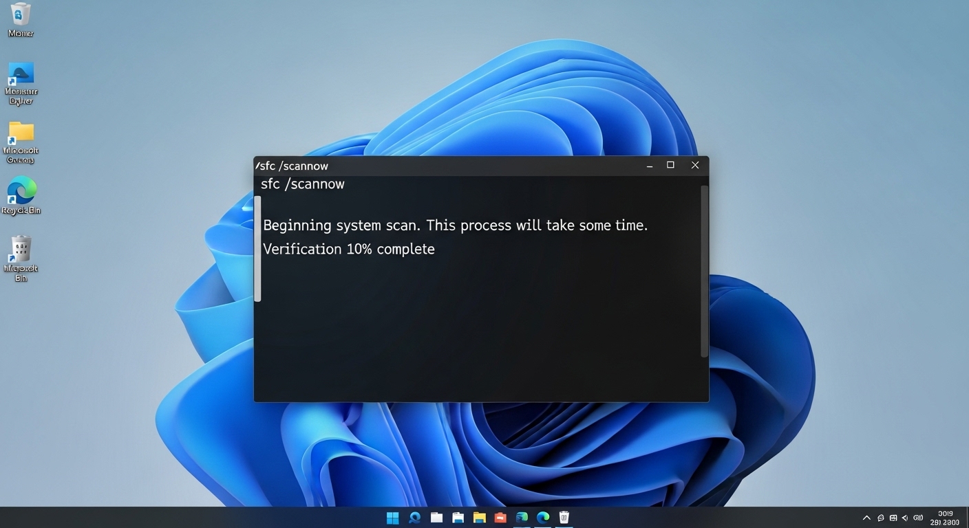 윈도우 11 명령 프롬프트에서 'sfc /scannow' 명령이 실행되는 화면. 시스템 파일 검사기를 통해 손상된 파일을 복구하고 시스템 무결성을 유지하는 과정을 보여줍니다.