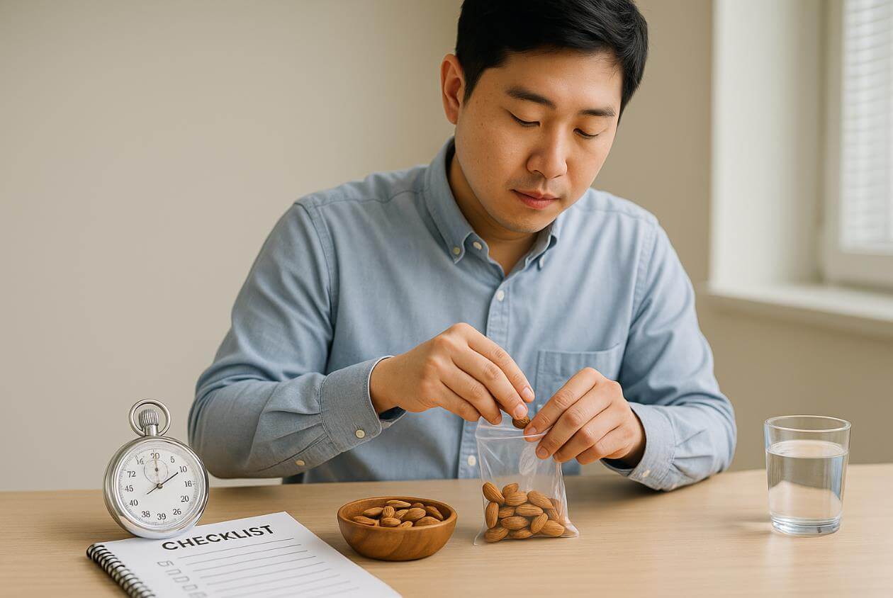 체크리스트와 시계 옆에서 아몬드를 지퍼백에 소분하는 청년의 모습.