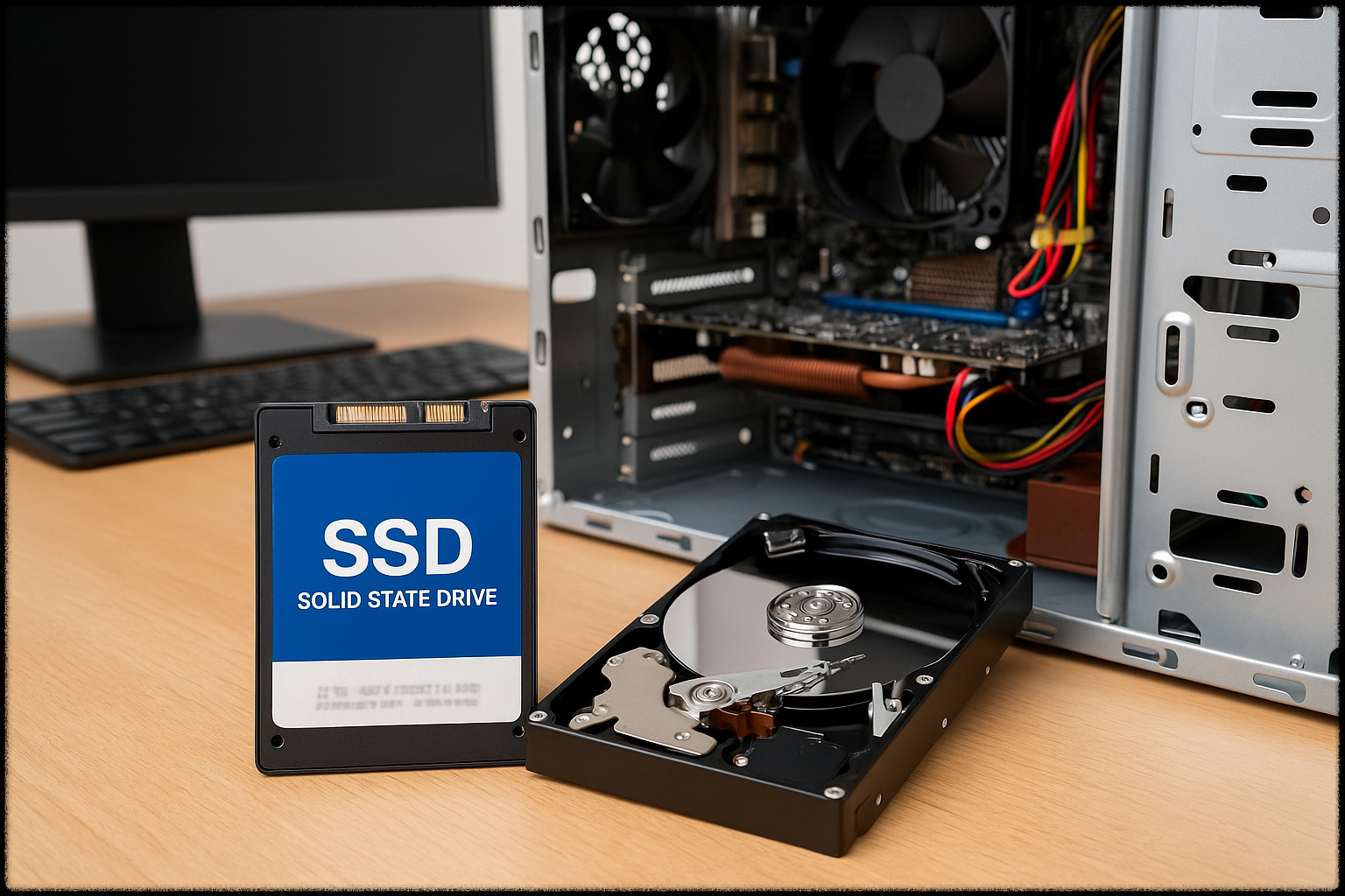 SSD와 HDD가 나란히 놓인 데스크탑 내부 모습