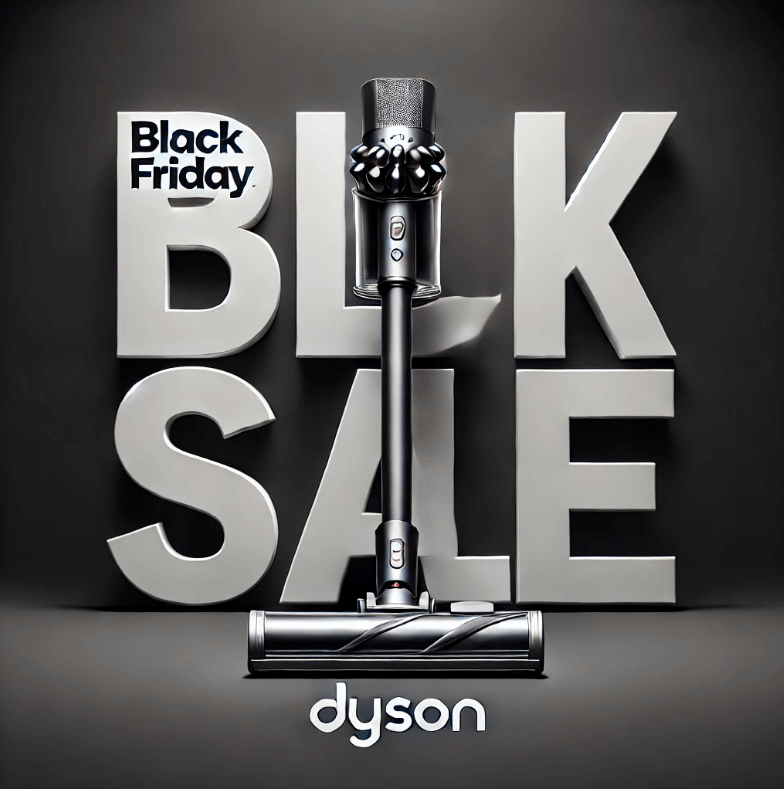 다이슨 블랙프라이데이 세일 프로모션. 최대 20% 할인, 무선 스틱 청소기. 깔끔하고 모던한 디자인, SALE 및 할인 강조.
