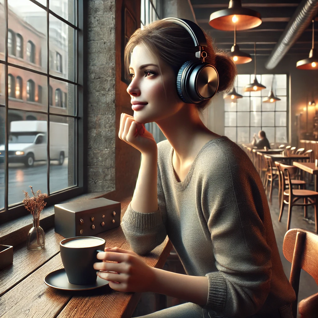 카페에서 헤드셋으로 음악을 듣고 있는 여성