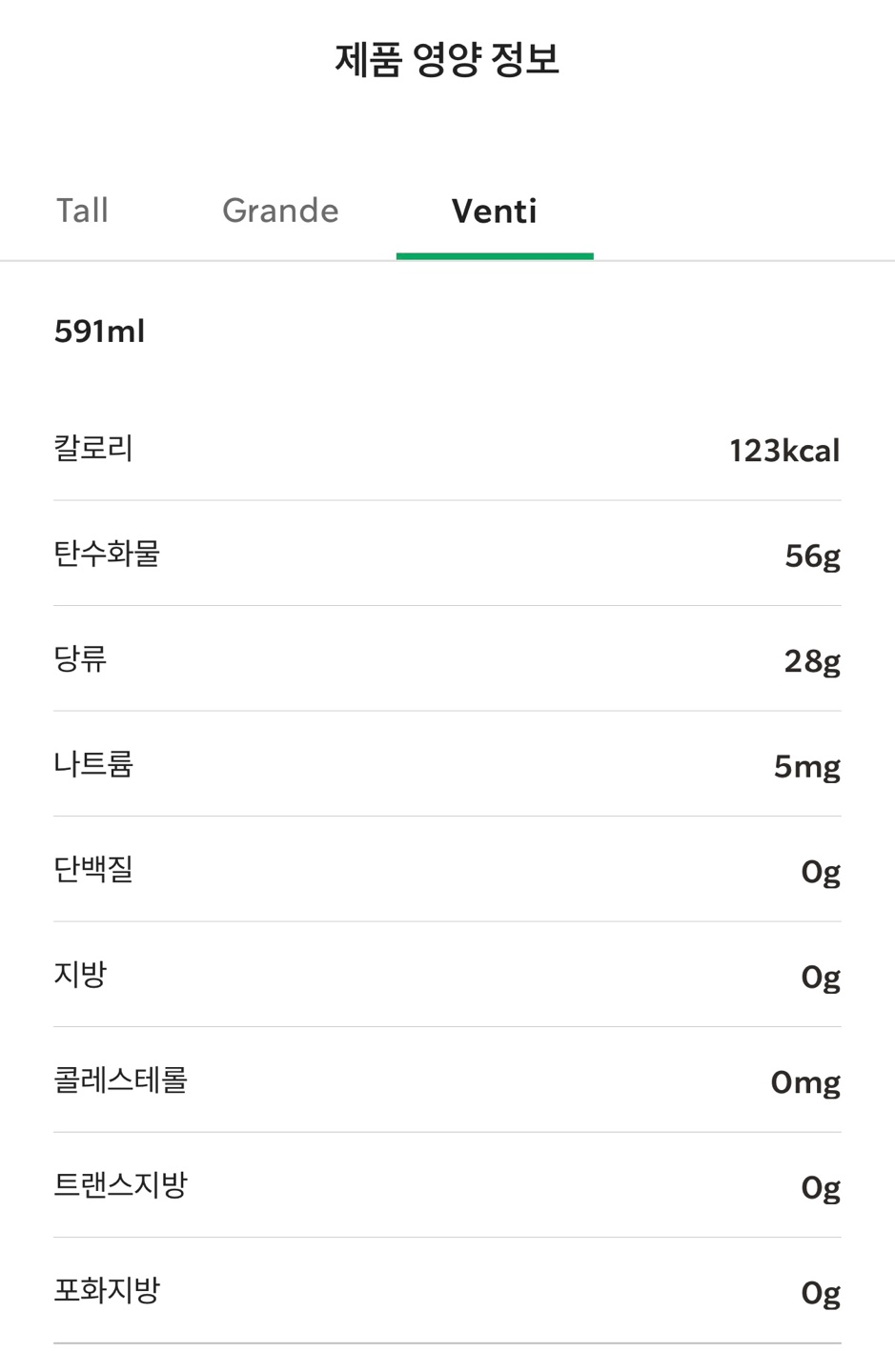 체리&자두 에너지 피지오 칼로리 / 출처 - 스타벅스 APP